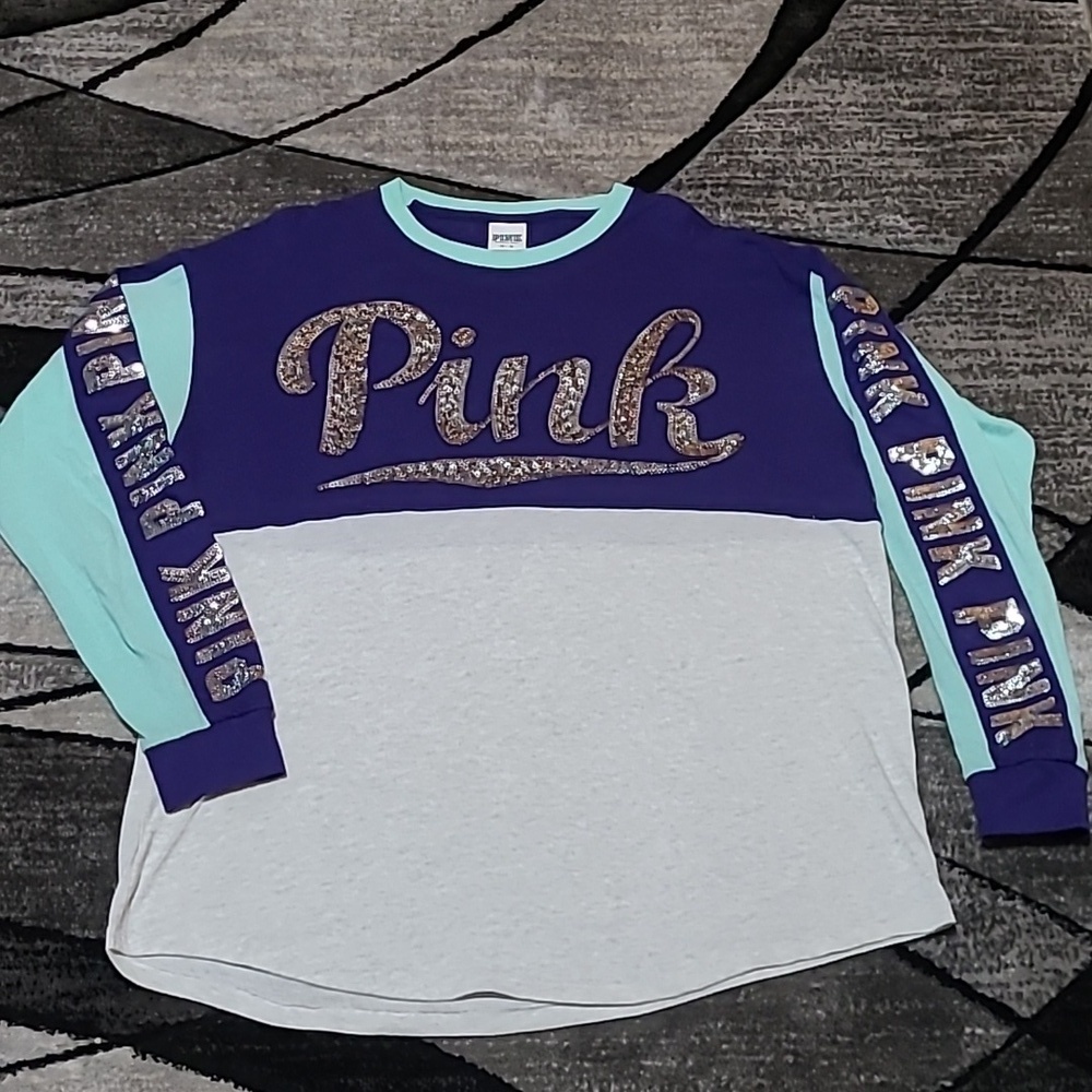 VS PINK 2015 SILVER SEQUINS BLING CAMPUS COLOR BLOCK LONG-SLEEVE TEE-SHI…